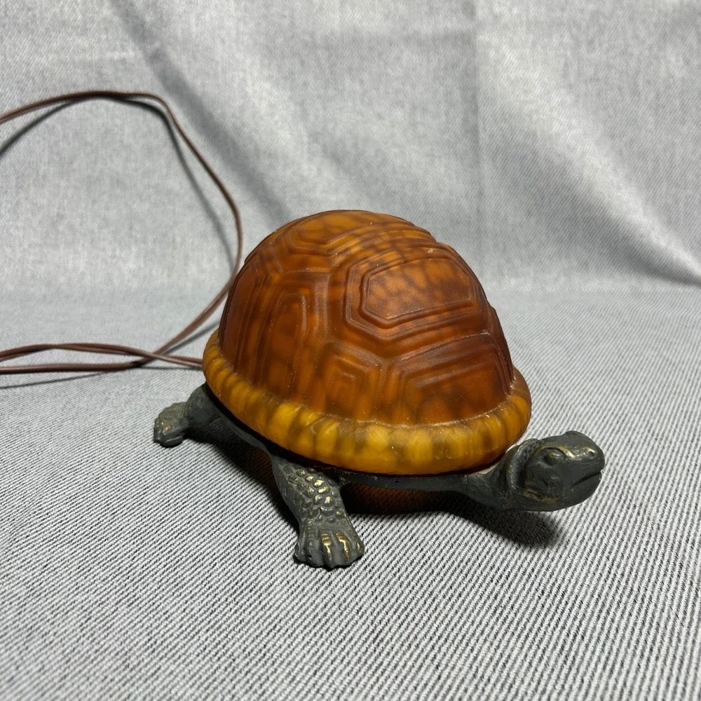 Vintage Turtle Accent Lamp Amber Glass Shell Bronze Metal Base 8.5in
